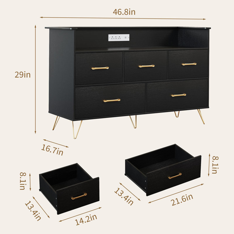 47" 5 Drawer Dresser with LED Lights & Charging Station, Wood Storage Chest, Black