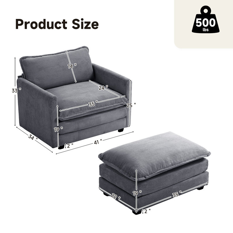 Fauteuil en velours côtelé avec repose-pieds Redenius, Velours côtelé gris foncé