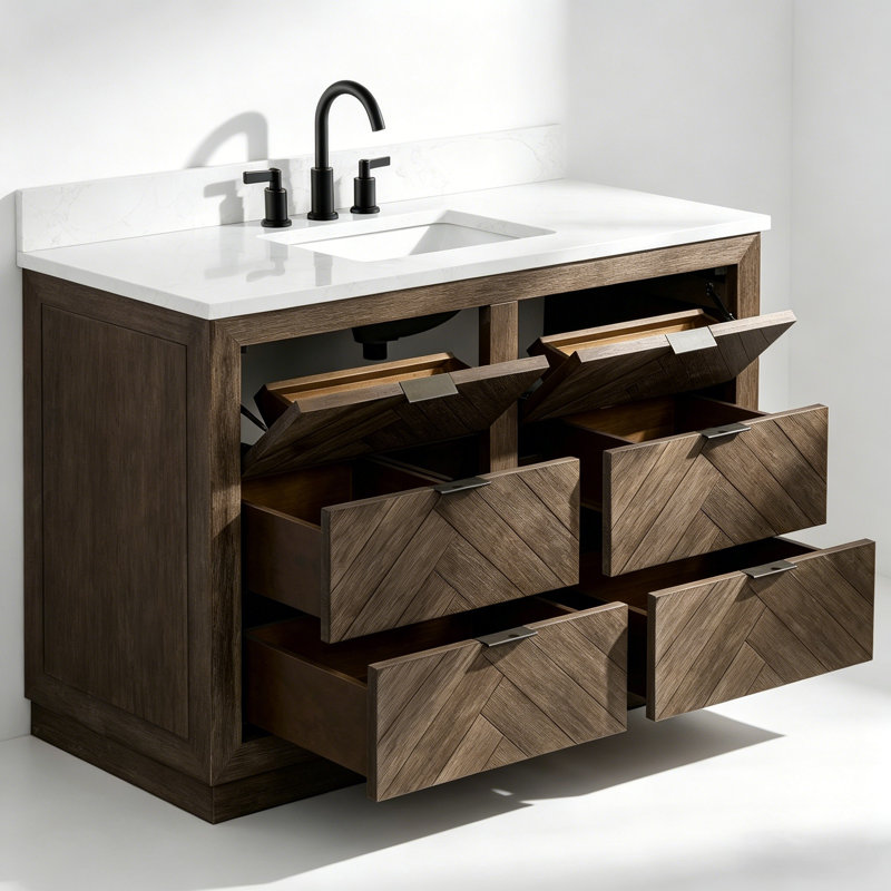 Meuble-lavabo 48 po en bois massif avec plateau en marbre d'ingénierie