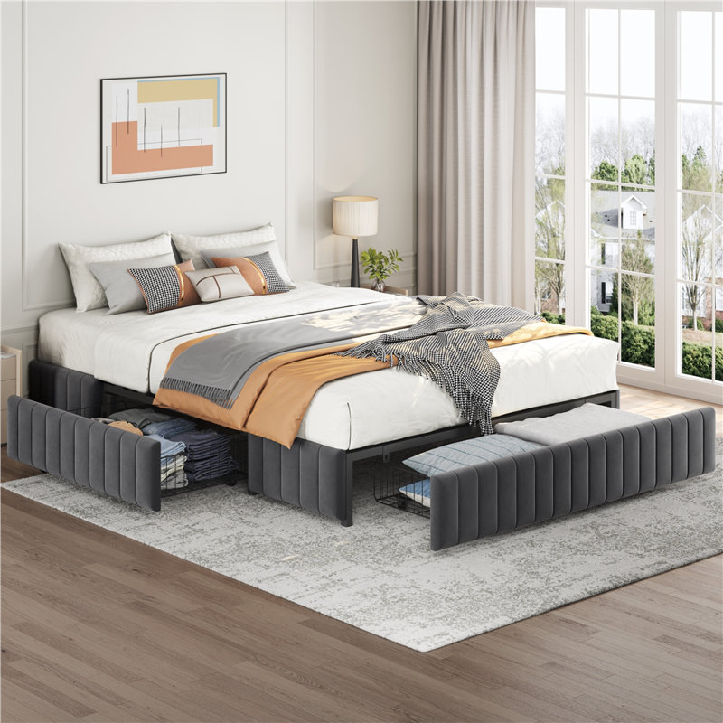 Lit plateforme tapissier avec rangement Argjirulla, Grand, Gris