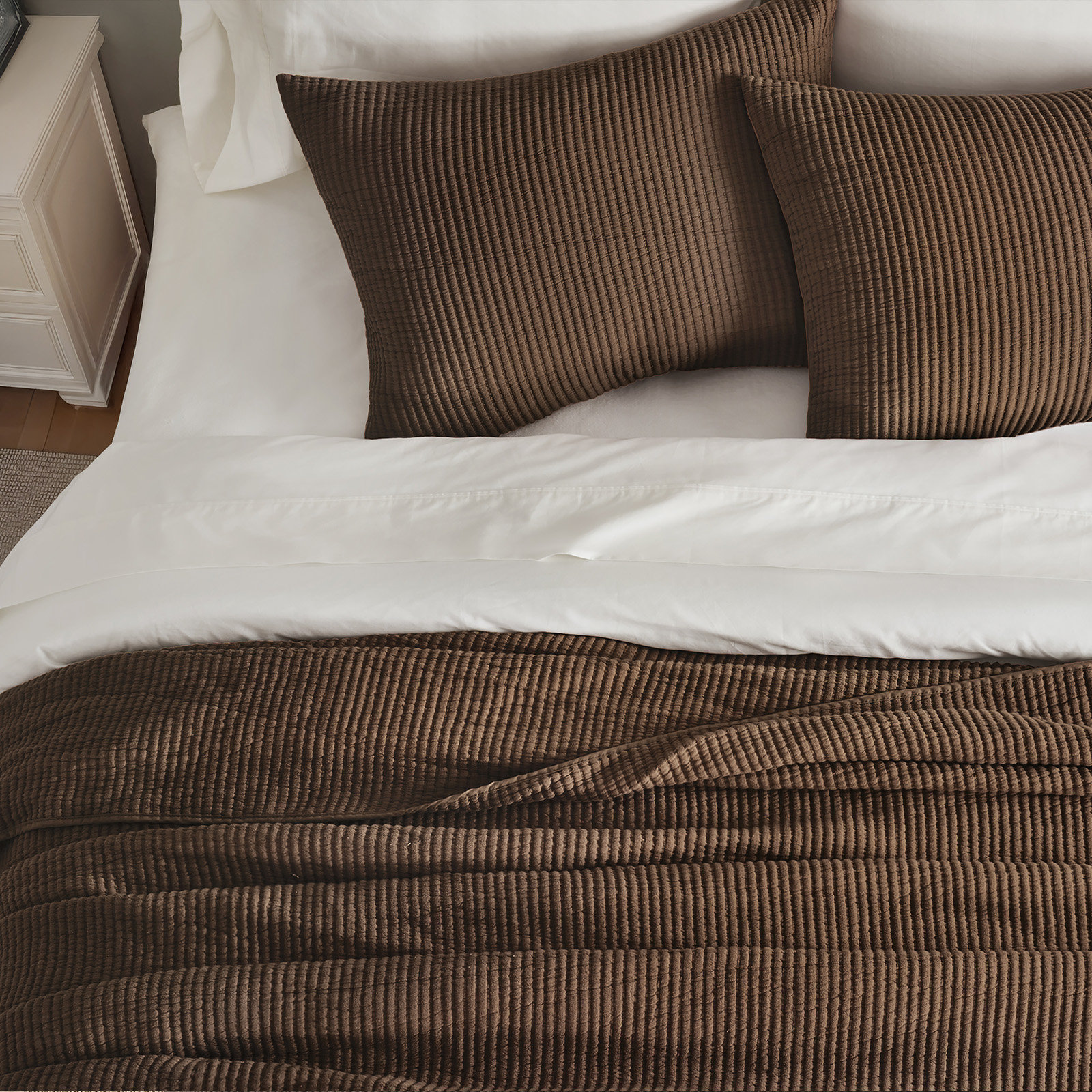 Ribbed Cotton Coverlet Set, Queen Quilt + 2 Queen Shams, Dark Brown