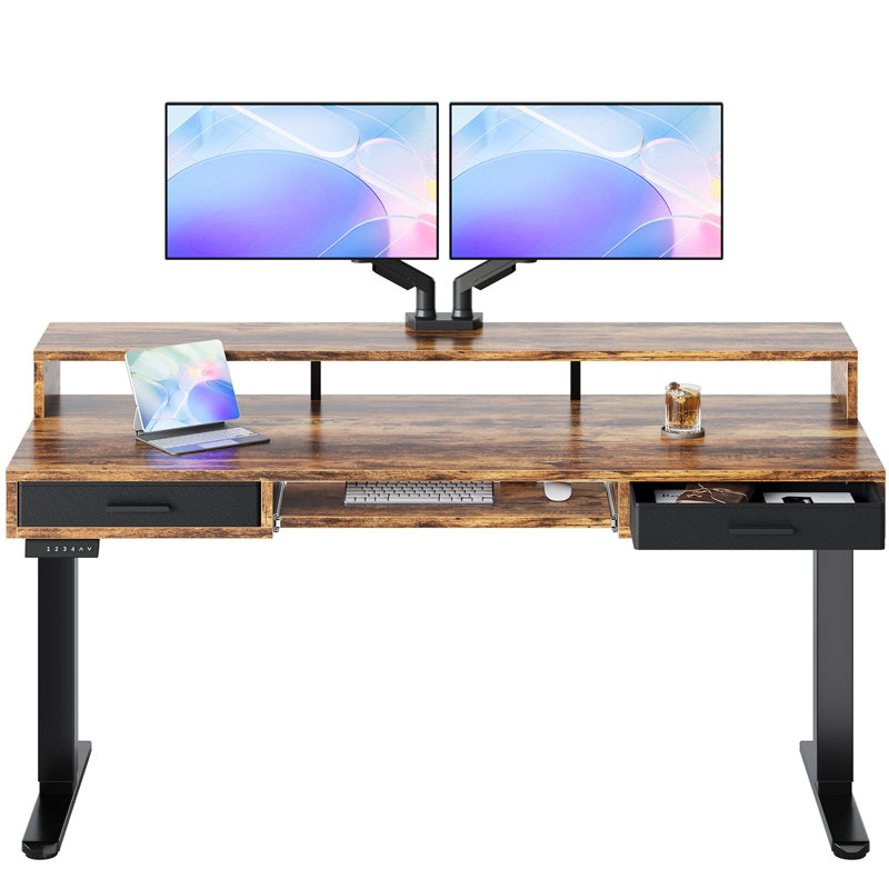 63*26 Electric Standing Desk With 24.4" Large Keyboard Tray & 2 Drawers, Deeper Desktop Adjustable Sit Stand Desk With 4 Height Presets, C-Clamp Mount Compatible Computer Desk For Office