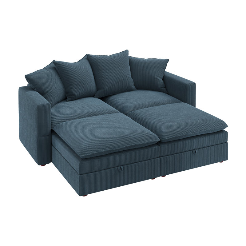 Canapé-lit modulaire avec rangement Wynter, Velours côtelé bleu