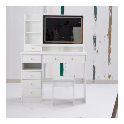 41" Large Size Left Drawer Desktop Vanity Table+Cushioned Stool, Extra Large Touch Control LED Mirror, 3-Color Switch, Multi Layer High Capacity Storage Fashionable Dresser, Suitable For Large Space