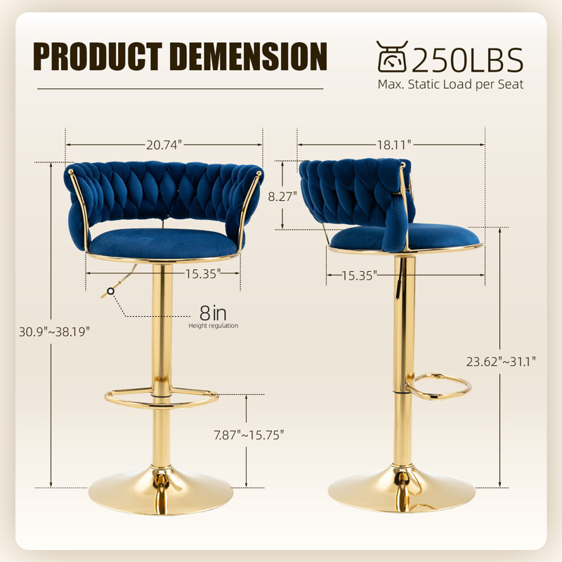 Tabourets de bar pivotants à hauteur réglable, Marine