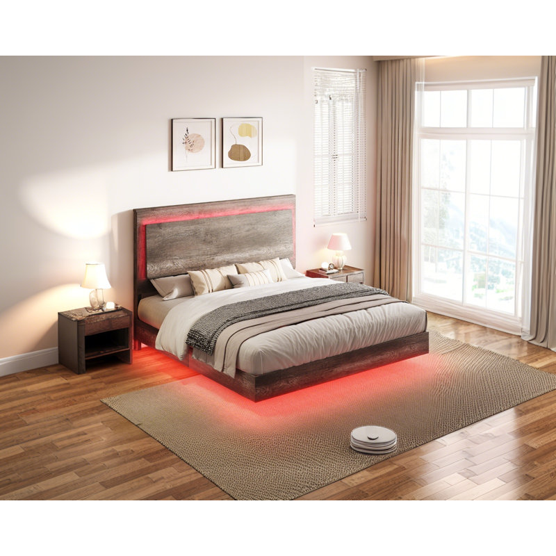 Lit double flottant avec lumière DEL Tryston, gris, gris, Double