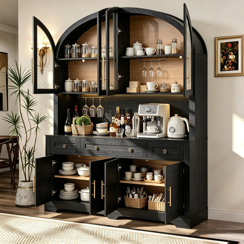 Armoire de rangement de 75,8 po de haut avec garde-manger arqué avec tiroirs et portes de grange, Noir