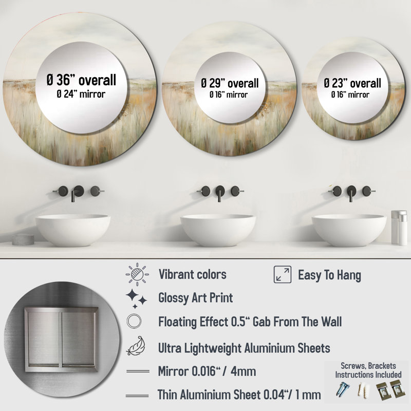 Meadow Grasslands Minimalisme II - miroir décoratif Meadow, miroir mural rond beige, impression d'art en métal, 29 po x 29 po