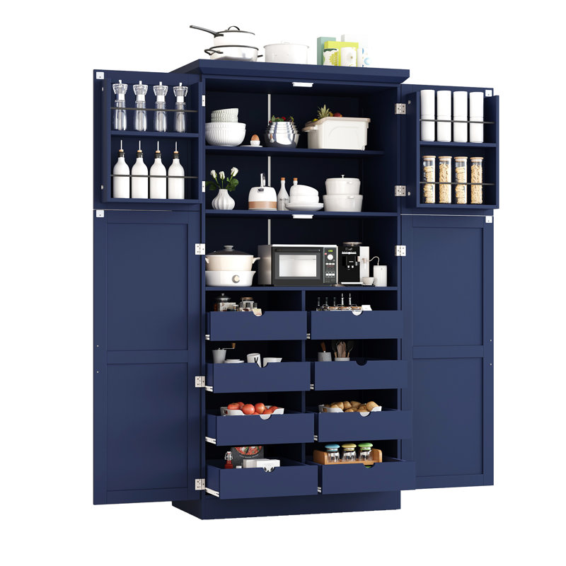 Armoire de rangement autoportante bleue avec 4 portes, 2 tablettes de porte intégrées et 3 tablettes réglables pour une salle à manger profonde de 17,6 pouces et 8 plateaux coulissants d'épicerie