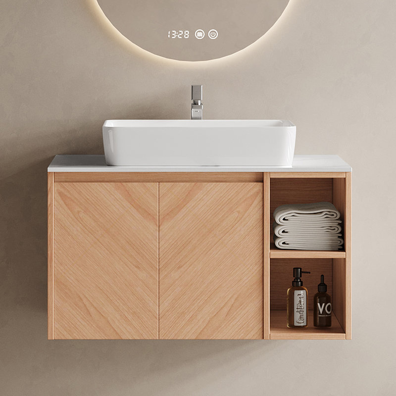 Bathroom Single Vanity Ceramic Basin, Light Wood, 30"