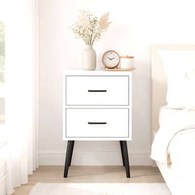 Table de chevet 2 tiroirs avec pieds et poignées en métal, table de chevet blanche moderne, petite table de bout pour chambre à coucher, salon ou appartement