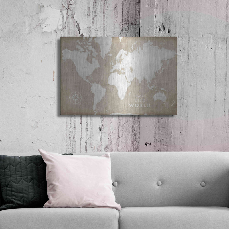 «Burlap World Map I» par Sue Schlabach, art mural en métal, H 24 po x l 36 po