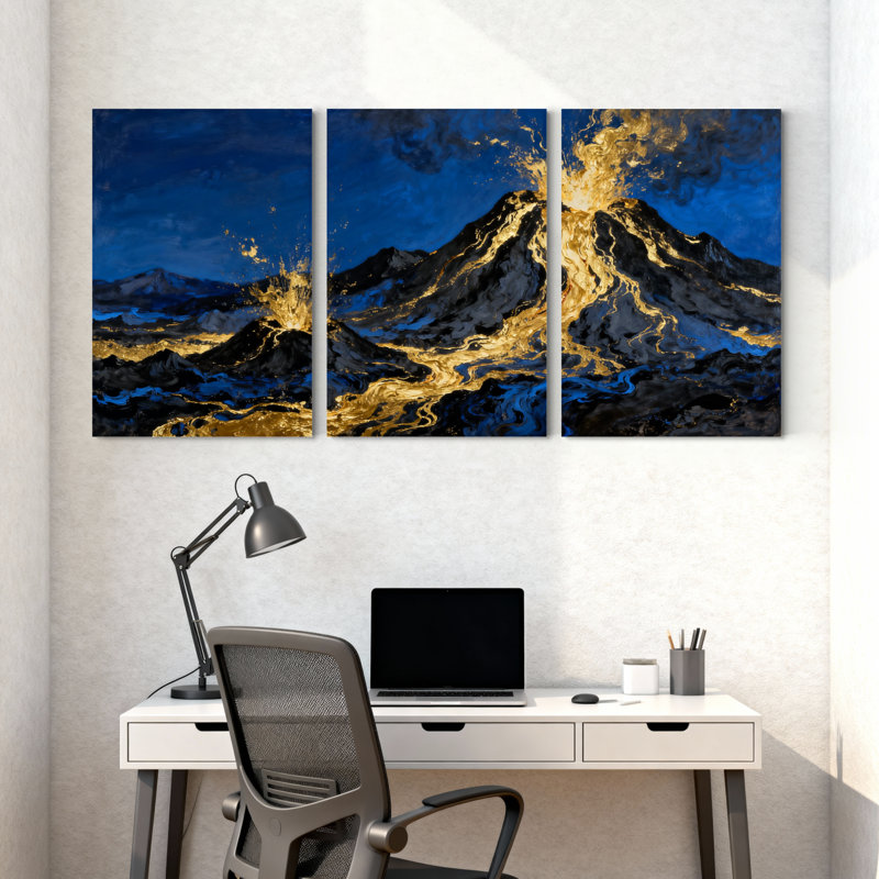 Abstrait bleu doré, montagne, reflet ciel, ensemble de 3 impressions sur toile, H 18 po x l 36 po