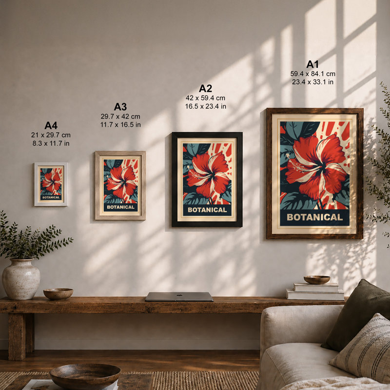 Hibiscus Bold Botanical - Framed Print, A4 - 29.7 x 21.0 cm, Walnut