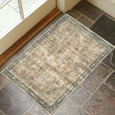 Myshawn Dua Distressed Border Brown Gray Beige Machine Washable Area Rug