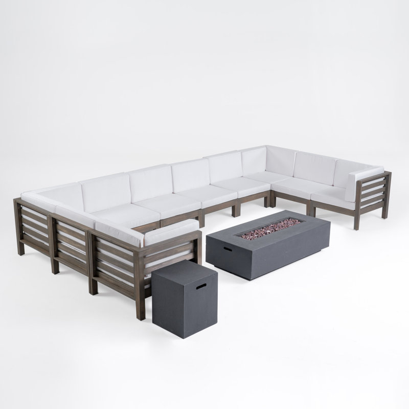 Ajanai Acacia 8 - Person Modular Patio Conversation Set with Cushions, Gray Frame / White Cushion
