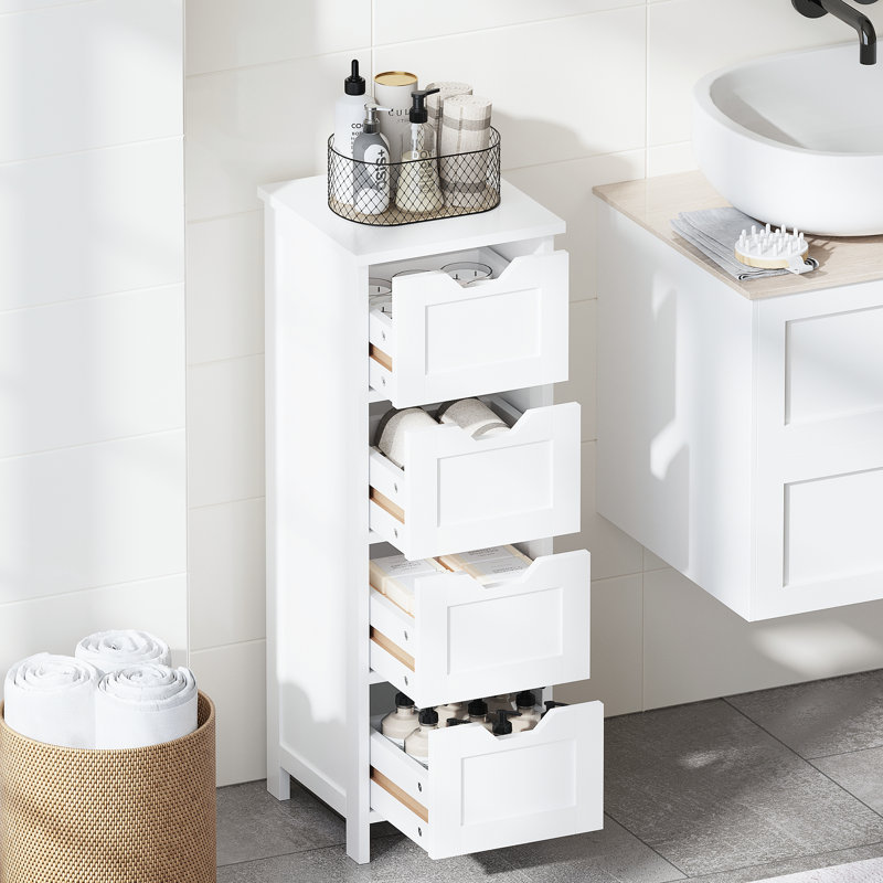 4 - Drawer White Bathroom Floor Cabinet, Freestanding And Space Saving For Compact Spaces In Condos Storage Living Room, Design Small Areas