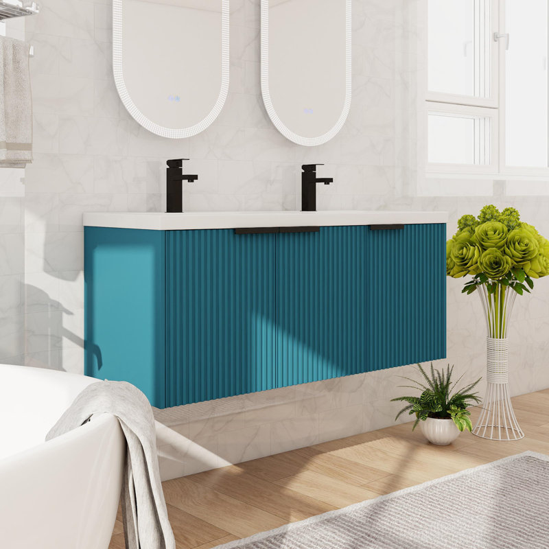 Ensemble de meuble-lavabo flottant double 48 po, meuble-lavabo mural avec lavabo en résine, 3 portes, Bleu