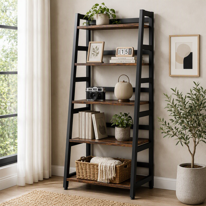 Étagère à 5 niveaux, bibliothèque échelle, tablette de rangement, Rustique