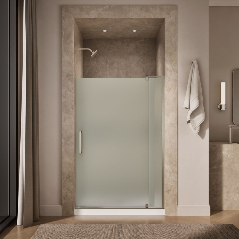 Revel 48'' x 70'' Pivot Shower Door with CleanCoat Technology, Anodized Brushed Nickel, Frosted
