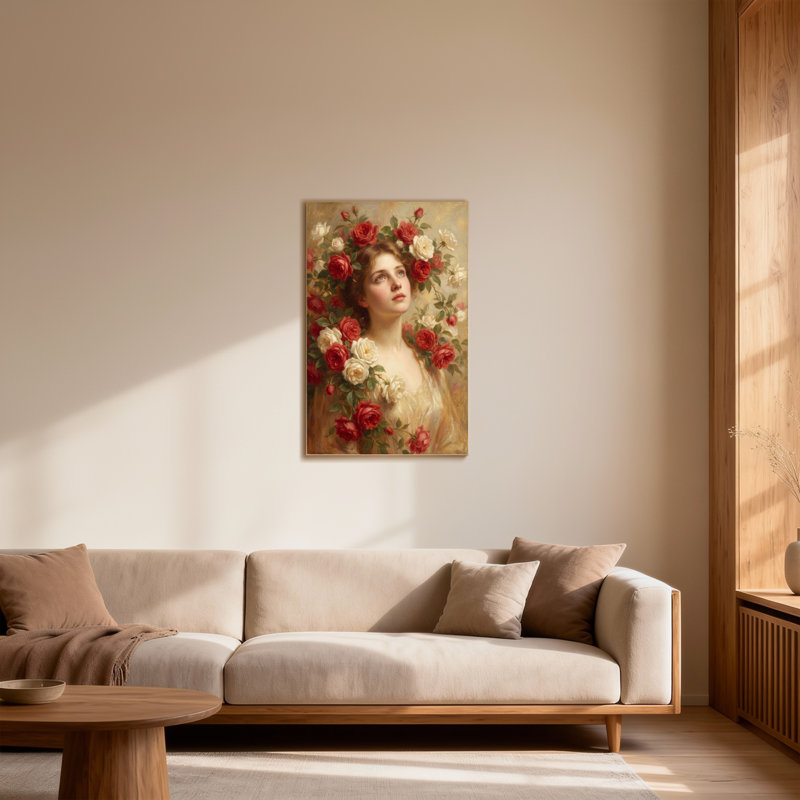 Portrait floral de la Saint-Valentin avec roses et femme, H 36 po x l 24 po