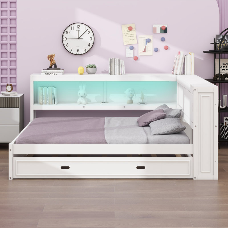 Lit de jour avec tablettes de rangement, USB, DEL et lit gigogne, blanc