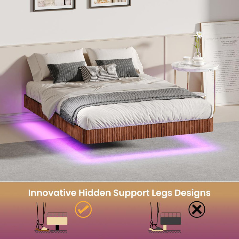 Queen Size Floating Bed with LED Lights, Walnut