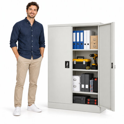 Metal Storage Cabinet Locking 2 -Door Steel 3 Shelf Cupboard Office & Garage