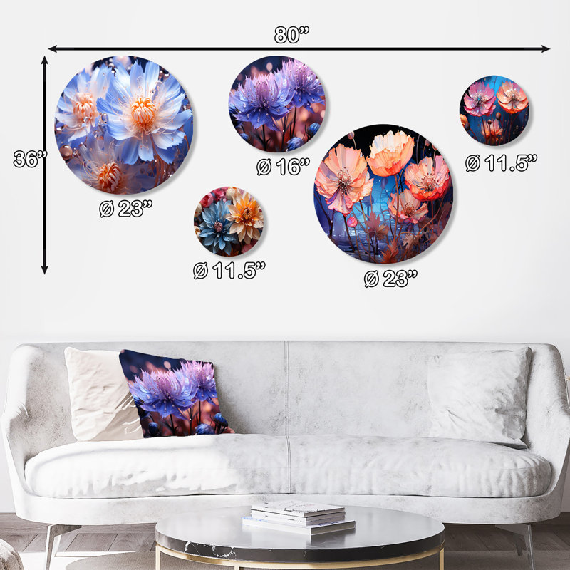 «Dreamy Purple Cornflowers Impression» - ensemble d'art mural rond de 5 bleuets