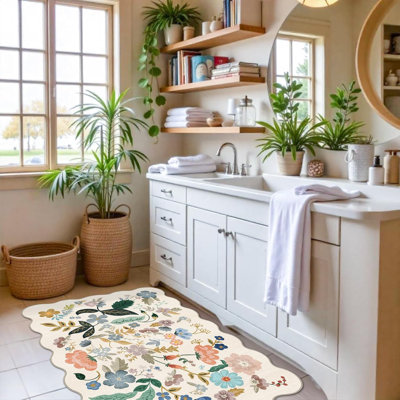 Washable 2x3 Entryway Scalloped Rug: Floral Thin Door Mat Non Slip Water Resistant Kitchen Bathroom Area Rug Indoor Soft Carpet for Laundry Nursery Living Room Bedroom Soft Floor Mat (2x3,Cream)
