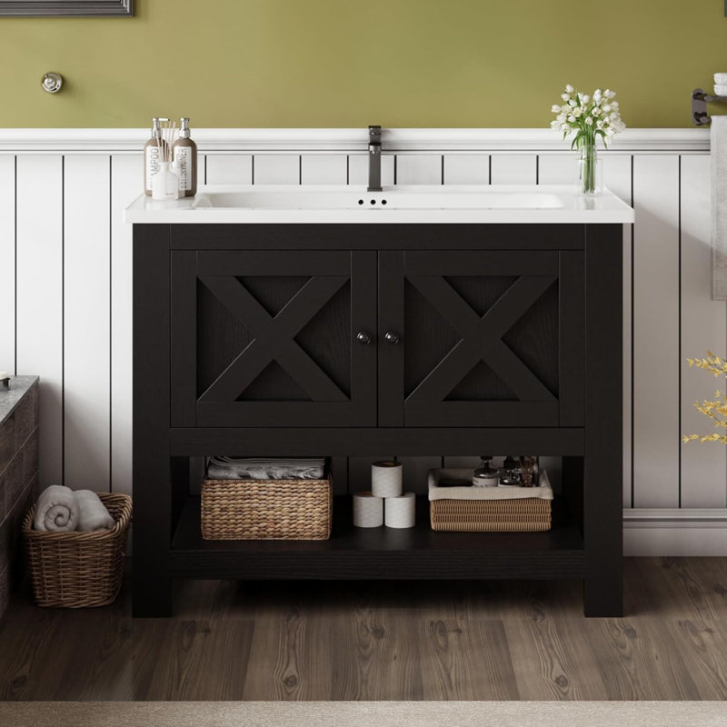 35" Farmhouse Bathroom Freestanding Vanity,with Ceramic Sink and Open Shelf, Black