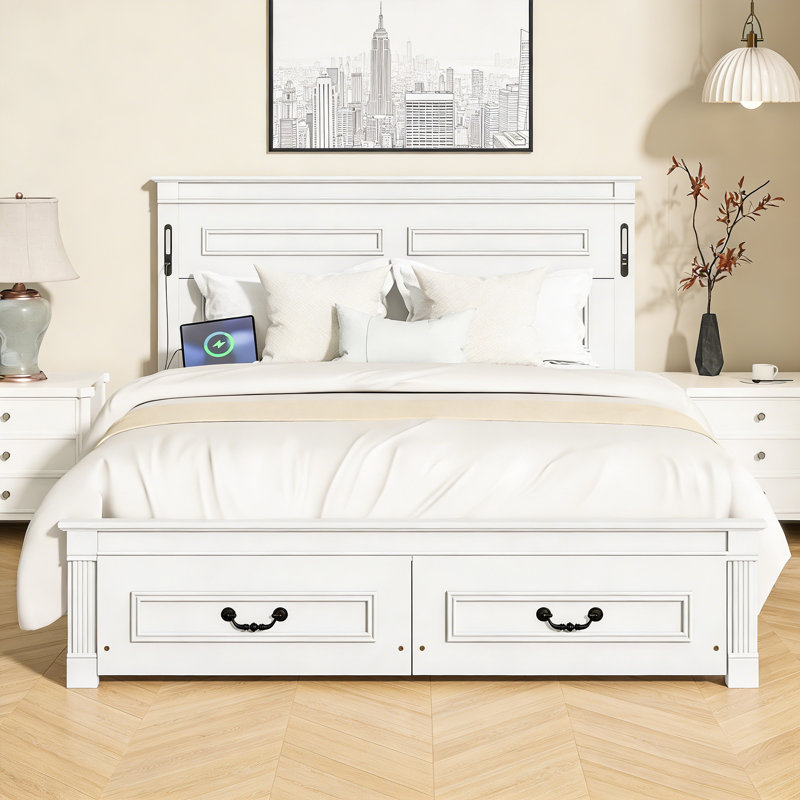 Grand lit avec tête et pied de lit, lit plateforme avec tiroirs de rangement, White