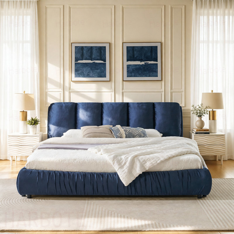 Structure de lit tapissier très grand, très minimaliste moderne avec tête de lit éponge compressée dodue, velours brillant et repose-pieds robuste, matelas non inclus