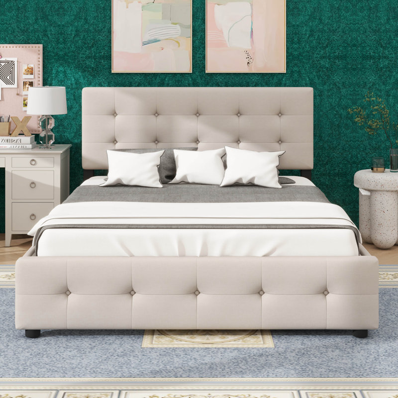 Grand lit plateforme en tissu avec deux tiroirs sous le lit et un lit gigogne, Beige foncé