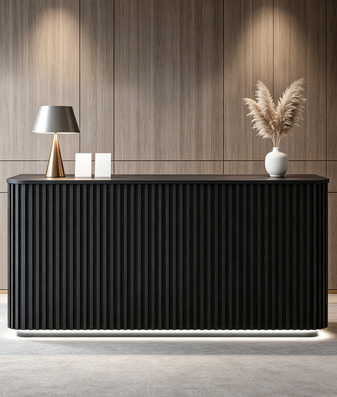 Comptoir de réception moderne à DEL noir moderne 70,9 po avec prise de courant intégrée et USB-C, bureau de réception à lattes entièrement assemblé pour le bureau, la vente au détail et le studio