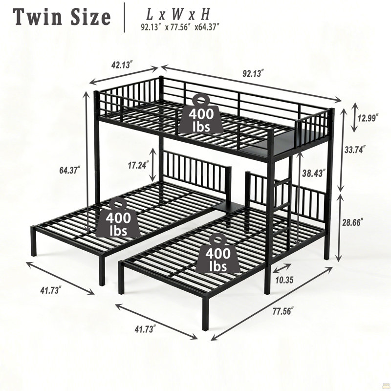 Triple lit superposé pour enfants, 3 lits superposés pour 3 personnes, lits superposés en métal, séparé en 3 lits simples, structure à bruit réduit, noir