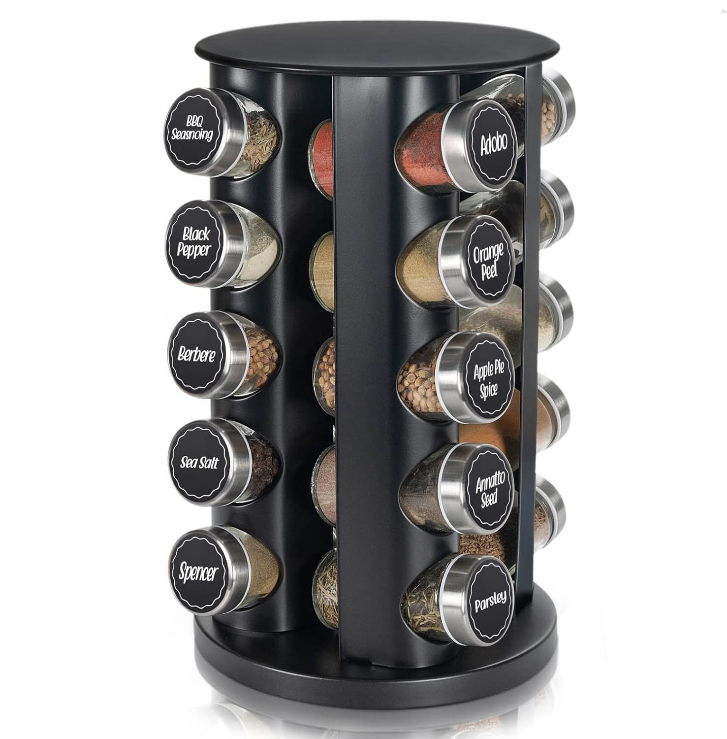 WRIWON Black Countertop Rotating 16-Jars Revolving Spice Rack Organizer ...