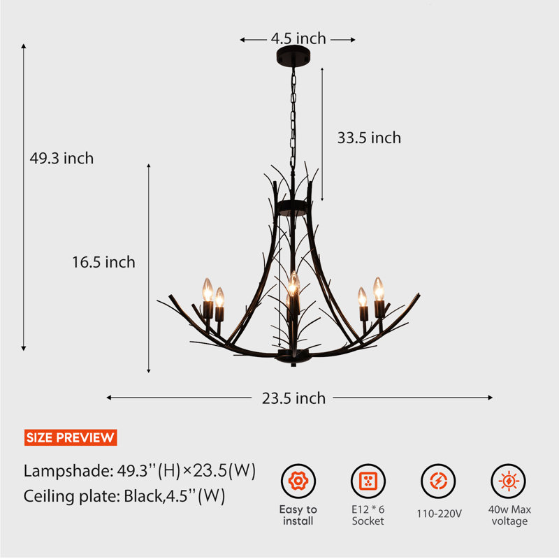 Modern Black Iron Branch Chandelier, 6-Light E12 Pendant Light With Adjustable Chain For Dining Room, Living Room, Kitchen, Sloped Ceiling Compatible