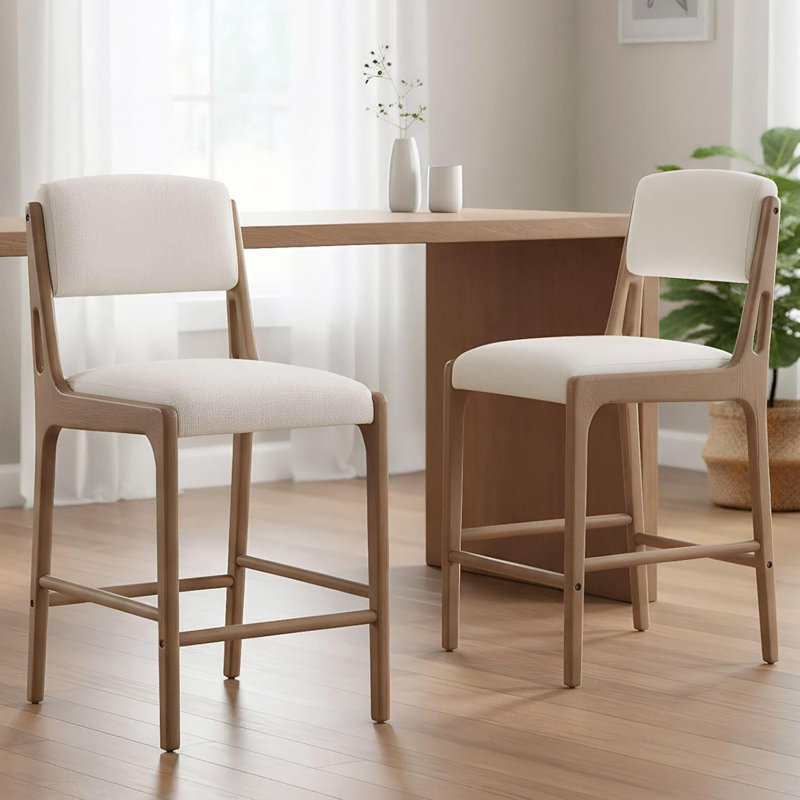 Set Of 2 French Country Linen Bar Stools 26 Inch, Counter Height Stools With Solid Wood Legs For Kitchen Island & Dining Room