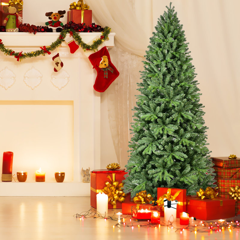 Arbre de Noël 9 pi avec 2435 pointes en PE + PVC - branches pleines, charnières, support en métal stable, H 9 pi