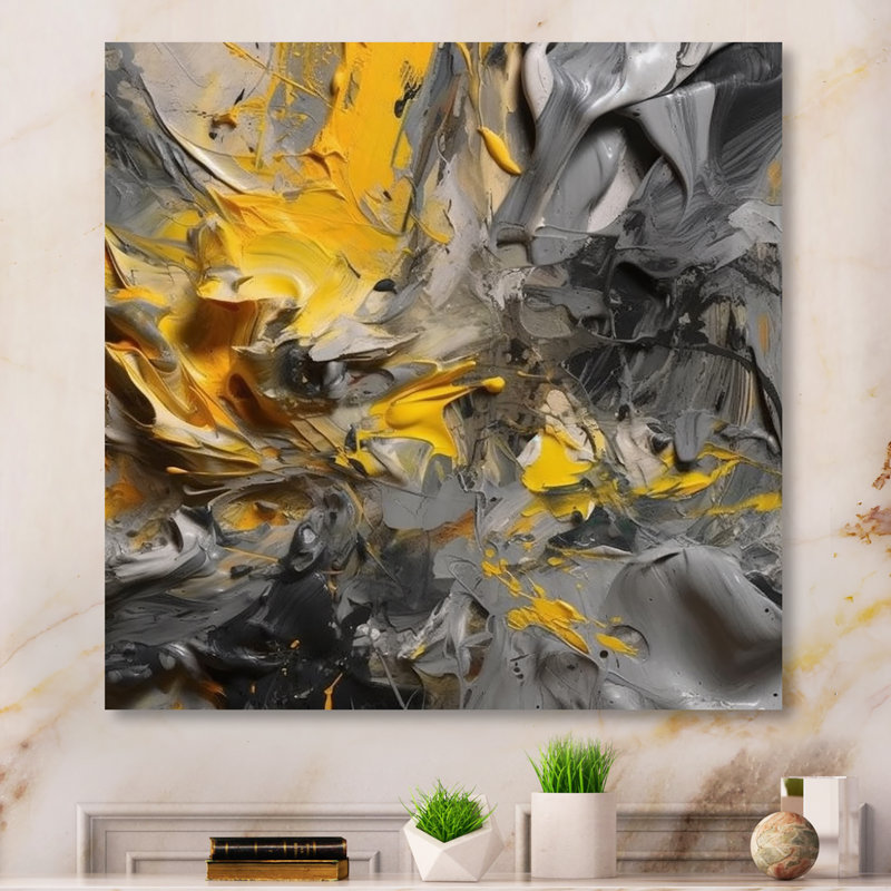 Moutarde jaune et gris vif - Décoration murale abstraite en métal, H 29 po x l 29 po x P 1 po