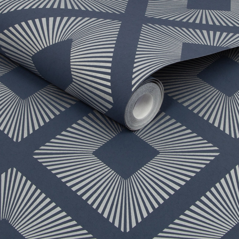 Geometric Metallic Wallpaper Double Roll, Navy Blue