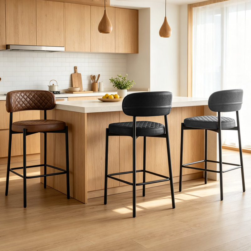 Modern Faux Leather Upholstered Waffle Tufted Bar Stool with Back (Set of 2/4), Grey, 4