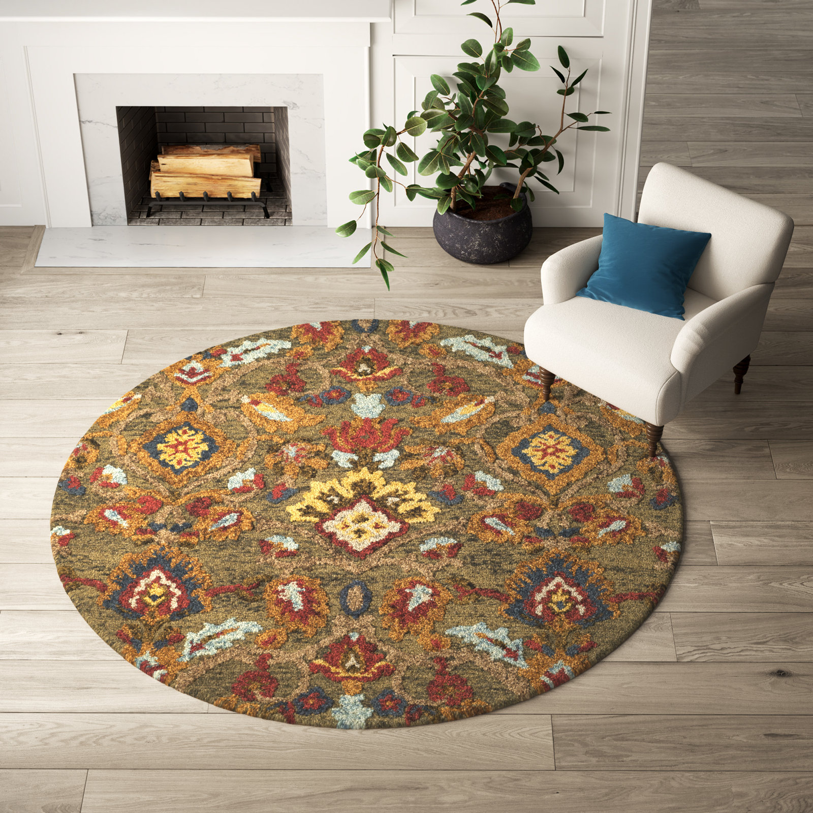 Tansy Handmade Wool Green / Multi Rug, Round 8'