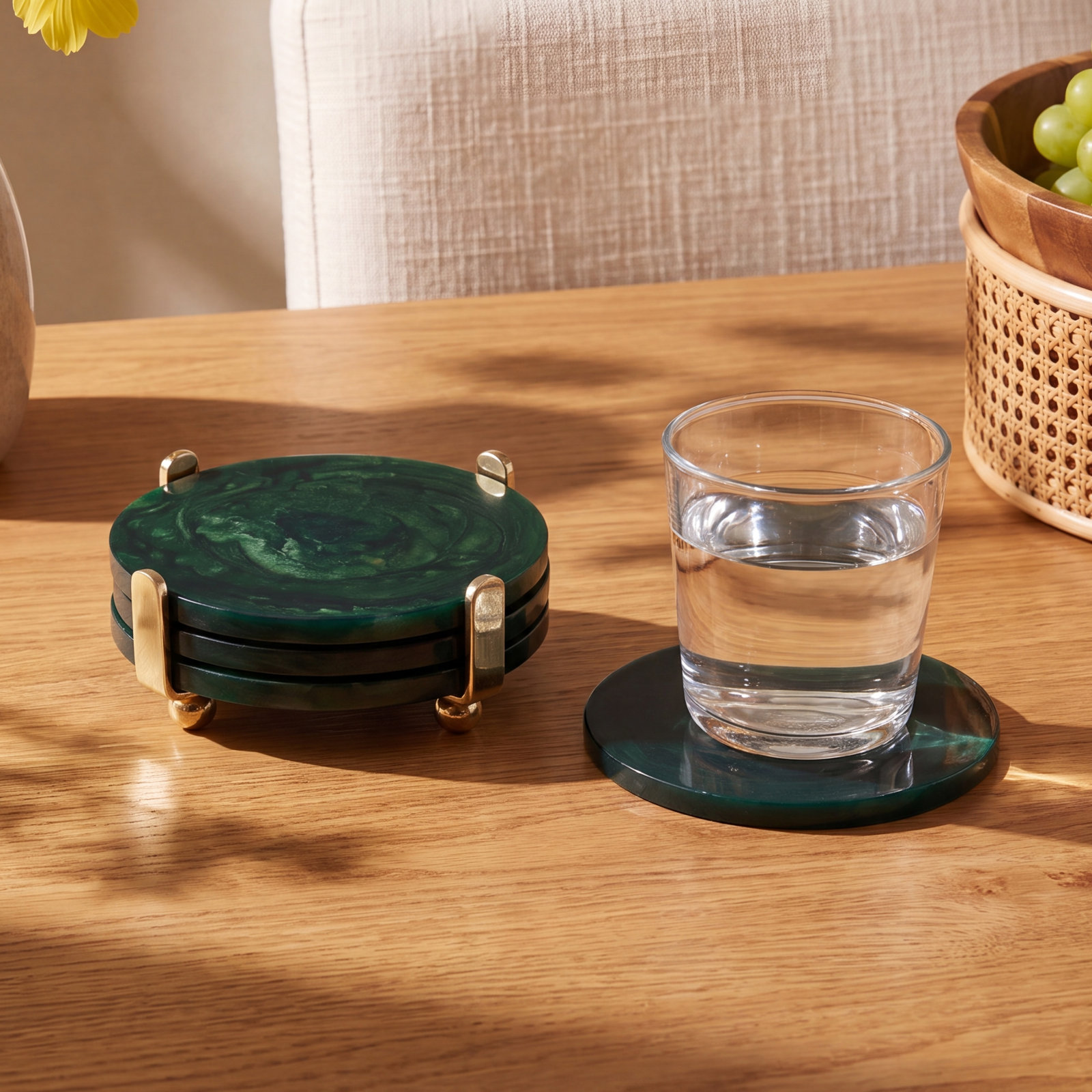 Gomez 4-Piece Set Coasters on Stand, Green w/ Gold Stand