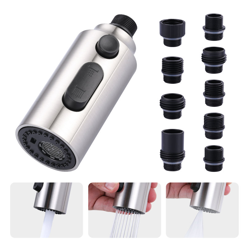 Brushed Nickel 3-Function Kitchen Faucet Spray Head with 9 Adapters