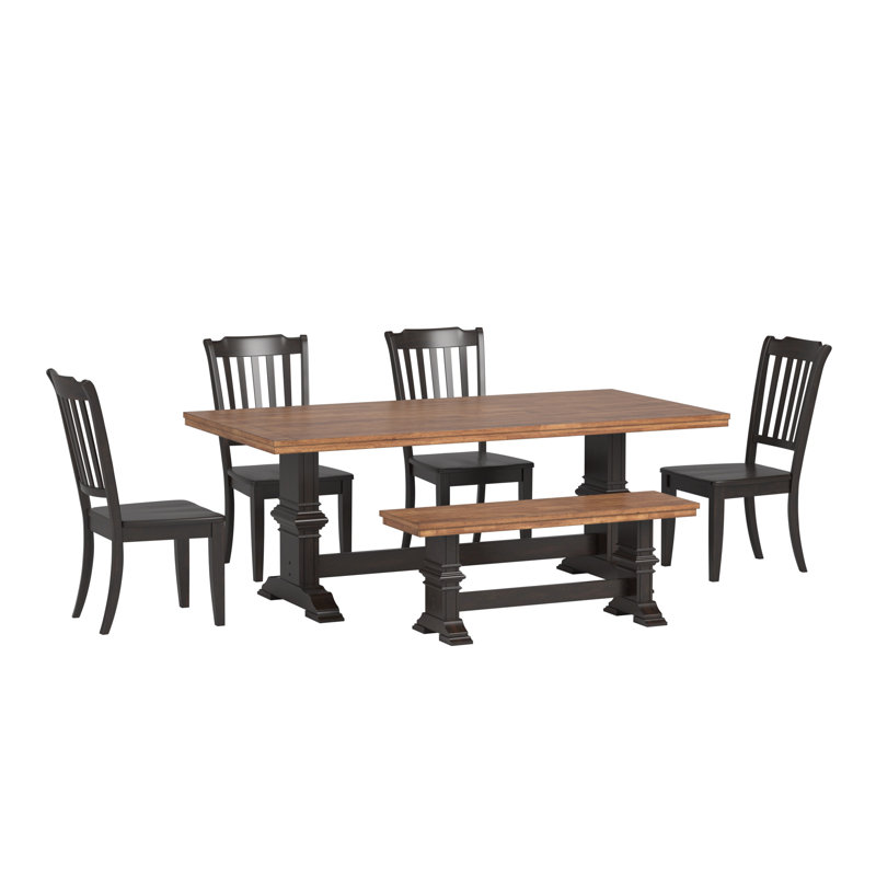 Fortville 78" Solid Wood Oak Finish Top Dining Set With Spindle Back Chairs - 6-Piece, Antique Black Base Table, Chairs And Bench
