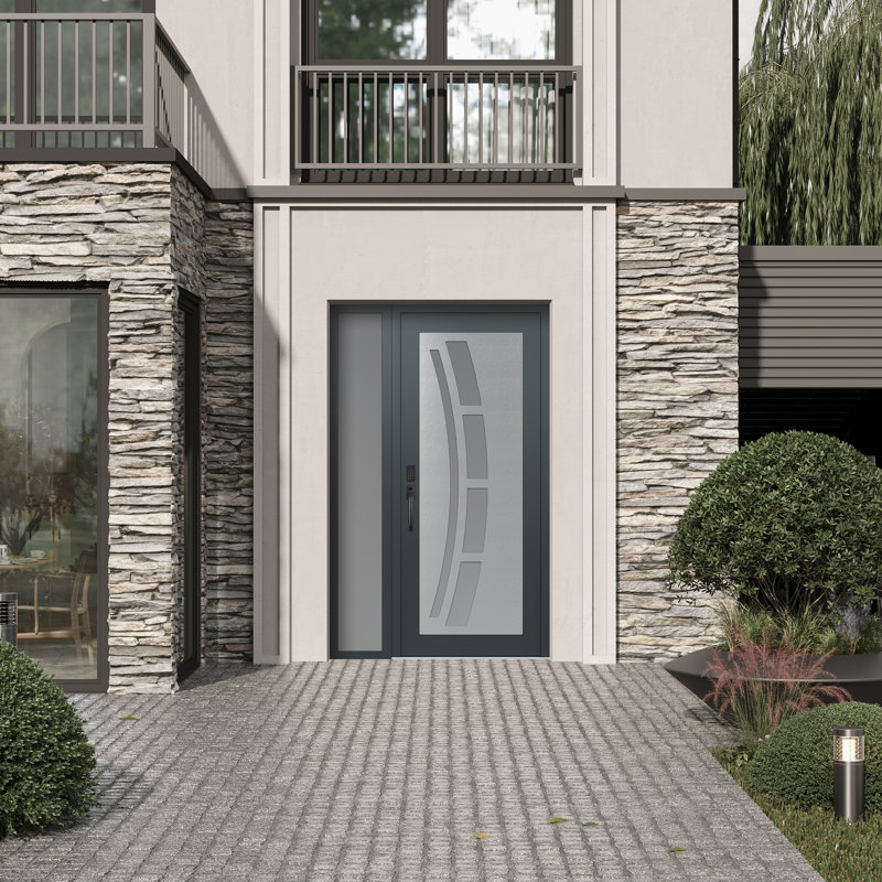 C12 droitier 50 po X 80 po Panneau d'entrée en acier argenté anthracite et verre givré anthracite avec porte d'entrée pré-montée en verre givré Sidelite