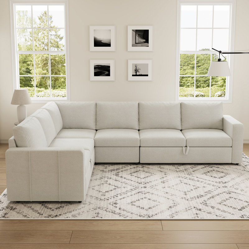 Grand canapé-lit modulaire Seybert, Chenille - beige