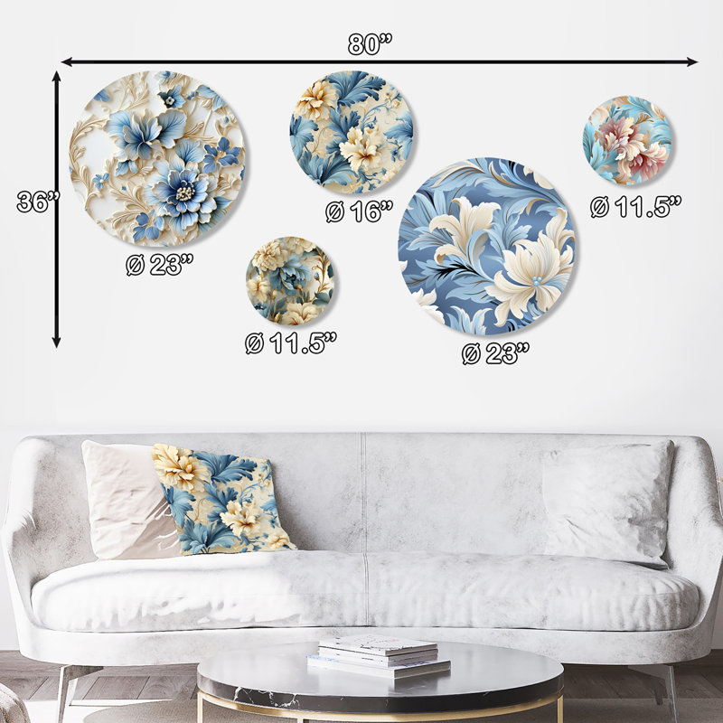 «Felicien Damask Facade Splendor», ensemble d'art mural floral rond de 5